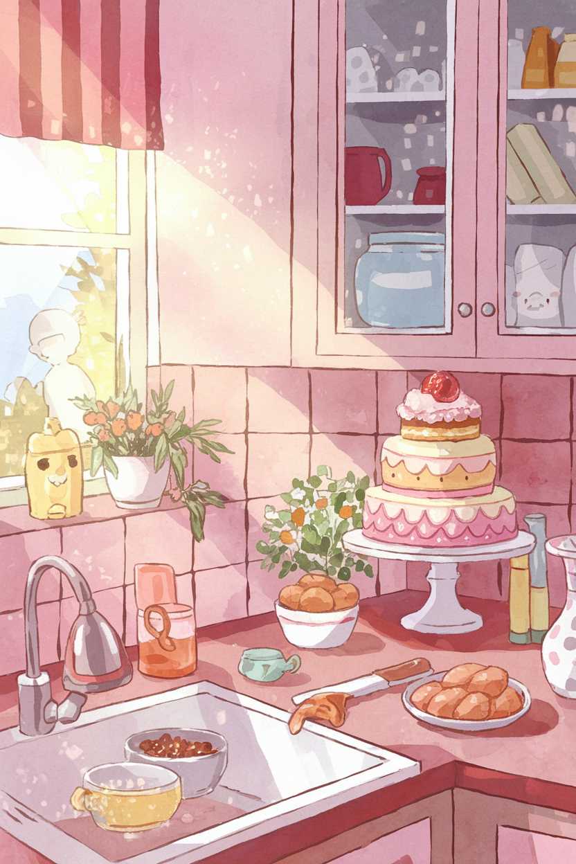 The illustration is beautifully drawn in a warm and inviting watercolor style, making it visually appealing for a children's book. The soft pastel pink tones and the kitchen setting create a cozy and cheerful atmosphere. The cake and baking elements add an element of joy and warmth. However, there are a few details that slightly reduce the score: the child's silhouette near the window could appear slightly distant rather than actively engaged, and the title ‘Mathilde’ is not explicitly visible. Overall, it is a well-organized and charming cover with minimal inconsistencies.